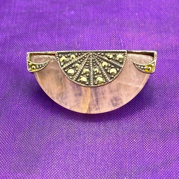 Rose quartz sterling silver MARCASITE brooch - Picture 3 of 5